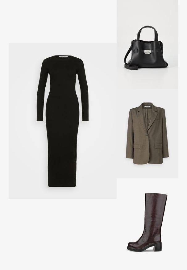Blazer vert olive avec un col cranté, fermeture à un bouton, deux poches avant et une texture unie. Coupe ajustée avec une fente au dos.; Robe en jersey noire à manches longues avec un col rond, silhouette ajustée et longueur jusqu'aux chevilles. Texture lisse, sans motifs ni ornements.; Botte marron jusqu'au genou au design épuré, avec un talon épais et une finition en cuir lisse, présentée sur un fond blanc.; Sac à main en cuir noir avec une finition texturée, doté de deux poignées supérieures, d'une bandoulière amovible et d'un détail de fermoir en argent.