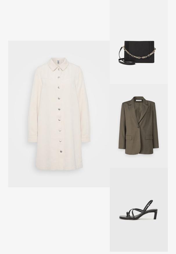 Blazer verde oliva con solapa muesca, cierre de un botón, dos bolsillos delanteros y textura lisa. Corte entallado con una abertura trasera.; Vestido de pana color beige claro, con cuello, mangas largas, textura de rayas verticales y botones a presión metálicos en la parte delantera.; Sandalia negra de tiras con punta cuadrada y tacón bajo de bloque. Presenta múltiples tiras delgadas y una correa ajustable en el tobillo. Fabricada en cuero suave.; Bolso cruzado de piel negra con textura suave, forma rectangular y un detalle de cadena metálica en el frente. Incluye una correa ajustable.