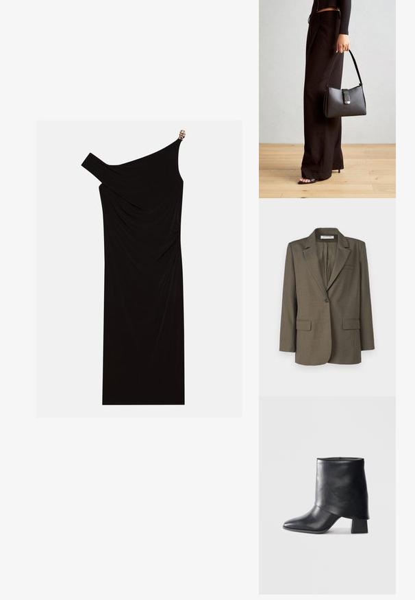 Olivgrüner Blazer mit Reverskragen, Ein-Knopf-Verschluss, zwei Fronttaschen und glatter Textur. Taillierte Passform mit Rückenschlitz.; Schwarzes einseitiges Kleid aus drapiertem Stoff mit einem goldenen Akzent an der Schulter, glatter Textur und knielangem Design.; Schwarze Lederstiefelette mit spitzer Zehenform, glatter Oberfläche und strukturiertem Blockabsatz. Mit einem hohen, gefalteten Schaftdesign.; Schwarze Handtasche mit strukturierter Form, glatter Textur und einem metallischen Verschluss. Kombiniert mit weiten schwarzen Hosen und offenen Sandalen auf einem Holzboden.