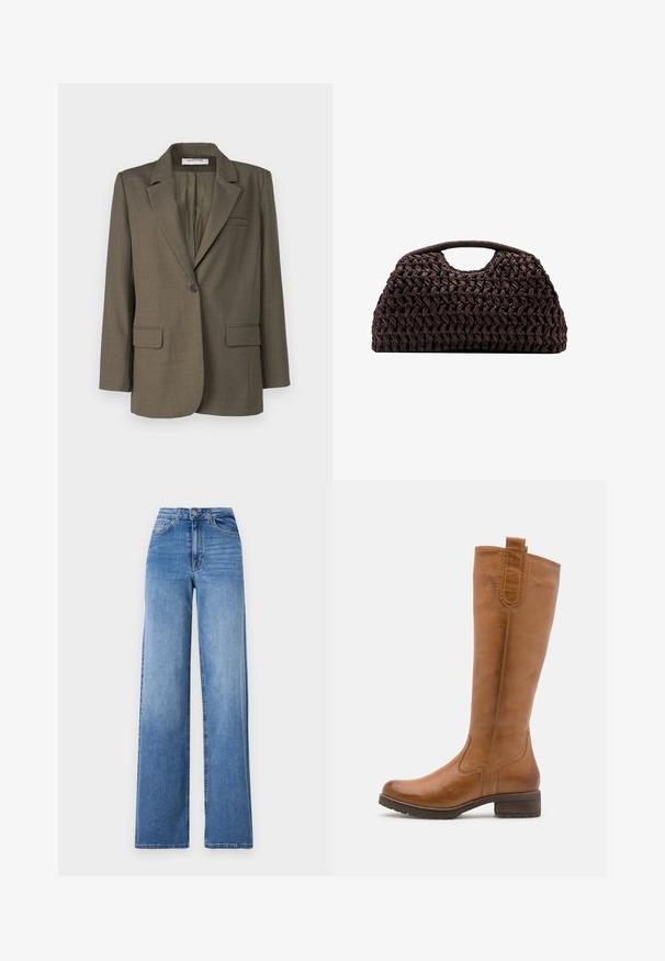 Olijfgroene blazer met een paspelkraag, sluiting met een enkele knoop, twee voorkruiszakken en een effen structuur. Perfecte pasvorm met een rugventilatie.; Lichtblauwe gebreide trui met hoge hals, voorzien van getextureerde kabelpatronen en lange mouwen, gemaakt van zacht, pluizig materiaal.; Lichtblauwe wijd uitlopende spijkerbroek van denim, met een hoge taille, voorkruiszakken en een standaard knoopsluiting. Gladde textuur.; Anna Field LEATHER - Laarzen - cognac; Geweven bruin handtas met een ronde silhouet, voorzien van een bovenhandvat en een gestructureerde oppervlakte. Compact ontwerp met een platte basis voor stabiliteit.
