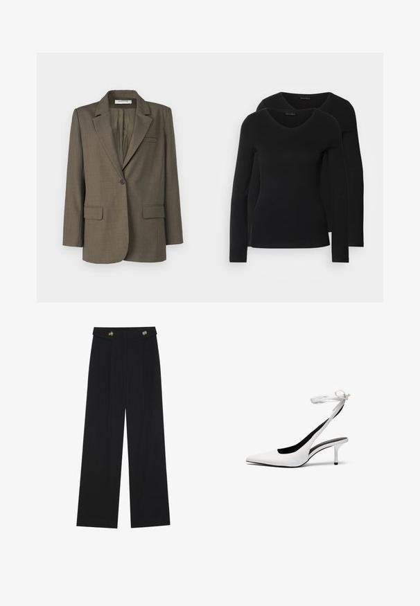 Blazer vert olive avec un col cranté, fermeture à un bouton, deux poches avant et une texture unie. Coupe ajustée avec une fente au dos.; Deux chemises noires à manches longues avec un design en V, fabriquées en tissu doux et extensible, présentant une texture lisse et une silhouette ajustée.; Pantalons larges noirs à taille haute, avec des détails de boutons à la taille et des plis sur le devant.; Talons aiguilles blanches à bout pointu avec une fine sangle à la cheville. Matériau en cuir lisse, talon aiguille fin et doublure intérieure noire.