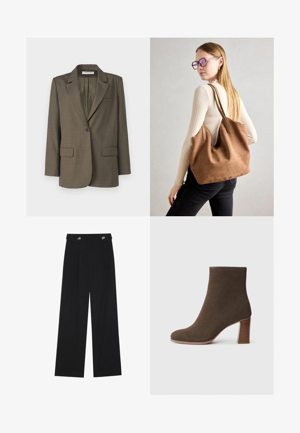 Olivgrüner Blazer mit Reverskragen, Ein-Knopf-Verschluss, zwei Fronttaschen und glatter Textur. Taillierte Passform mit Rückenschlitz.; Schwarzes Baumwoll-T-Shirt mit kurzen Ärmeln, Rundhalsausschnitt und lockerer Passform. Glatte Textur und schlichtes Design ohne Muster oder Verzierungen.; Schwarze weite Hosen mit hoher Taille, Knopfdetails am Bund und vorderen Falten.; Braune Wildleder-Ankle-Boots mit runder Zehenform und einem gestuften, strukturierten Absatz. Glatte Oberfläche ohne sichtbare Verschlüsse oder Verzierungen.; Braune Wildleder-Tasche mit weicher Textur, großer Öffnung und langen Trägern. Sie verfügt über ein simples Design mit sichtbarem Stich und ohne Beschläge.