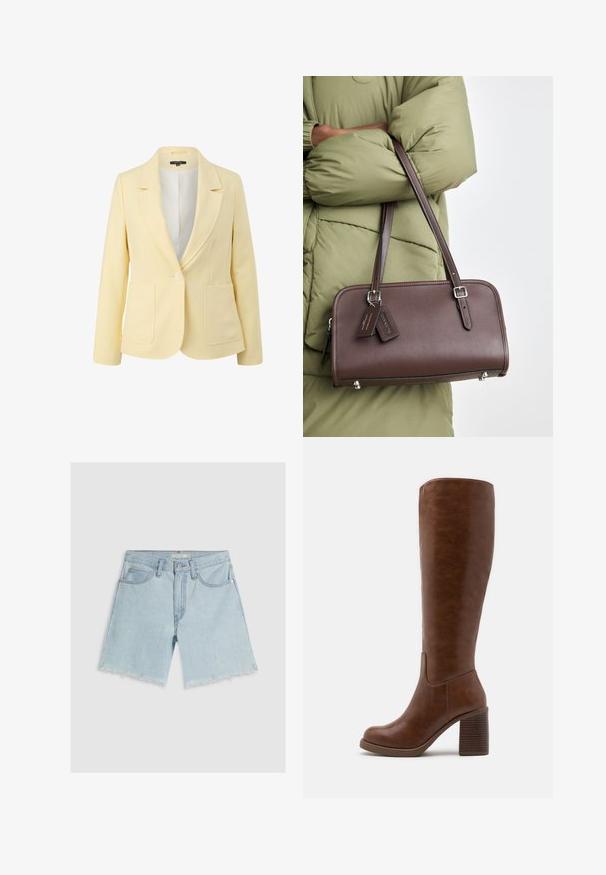 Yellow blazer with a notched collar, two front pockets, single button closure, and a smooth fabric texture. Lined interior visible.; Black ribbed tank top with a scoop neckline, sleeveless design, and fitted shape. Features a tag with size label inside.; Light blue denim shorts with a straight-leg design, frayed hem, five pockets, and button closure at the waist.; Brown knee-high boots made of smooth faux leather, featuring a rounded toe, block heel with vertical grooves, and a minimalist design.; Brown leather handbag with a rectangular shape, a detachable strap, and silver hardware accent. Features two tags attached to the handle.