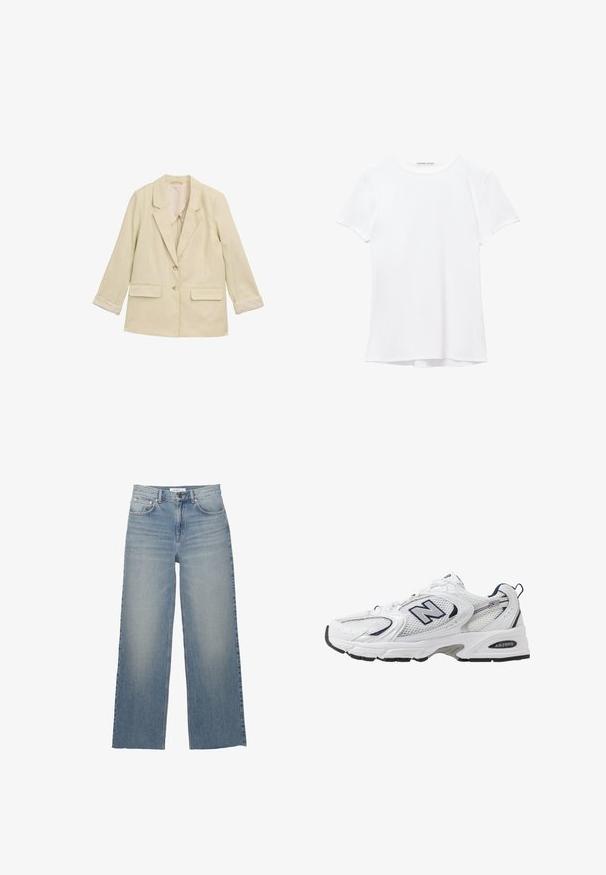 Jasno beżowa marynarka z klapami, dwoma przednimi kieszeniami i dwoma guzikami. Posiada podwinięte mankiety oraz subtelny wzór w prążki.; Biały krótki rękaw t-shirt wykonany z gładkiego materiału, z okrągłym dekoltem i subtelnymi detalami szycia na dole.; Jasnoniebieskie jeansy o szerokich nogawkach, wykonane z dżinsu, z wysokim stanem, kieszeniami z przodu i zapięciem na guzik. Gładka tekstura z wyblakłymi miejscami.; Białe sportowe buty z siateczkową cholewką, granatowymi akcentami i wyściełaną podeszwą. Posiadają logo "N", sznurówki oraz teksturowany detal po boku.