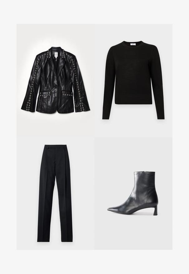 Cinq à Sept STUDDED MILLY JACKET - Blejzr - black; Černý svetr s dlouhými rukávy a kulatým výstřihem, vyrobený z měkké pleteniny, s žebrovaným lemem a manžetami pro těsný vzhled.; Černé kalhoty vyrobené z hladké tkaniny, vybavené vysokým pasem, širokými nohavicemi, předními záhyby a klasickými poutky na opasek. Nejsou viditelné boční kapsy.; Černé kožené kotníkové boty s špičatou špičkou a elegantním designem. Mají nízký podpatek a zipové zapínání na zadní straně. Hladká textura.