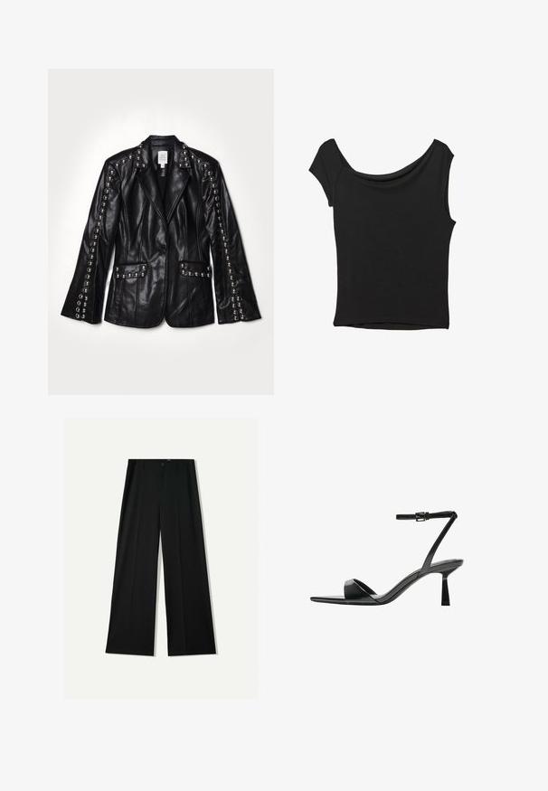 Cinq à Sept STUDDED MILLY JACKET - Kratka jakna - black; Crna majica kratkih rukava od glatkog materijala; ima drapirani izrez i asimetrični donji rub, uz prilagođeni kroj tijela.; Bershka WIDE - Hlače - black; Bershka Sandale s visokom petom - black