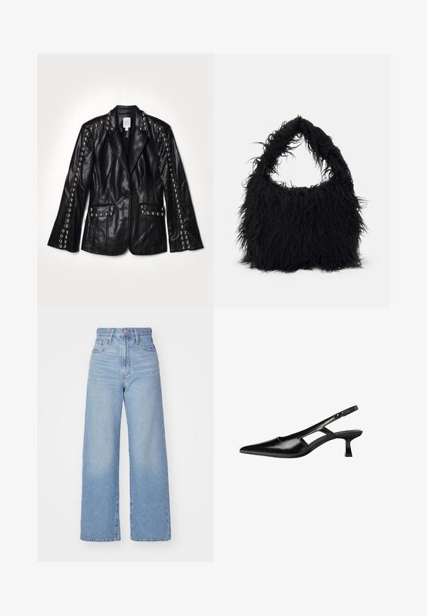 Cinq à Sept STUDDED MILLY JACKET - Blazer - black; T-shirt nera a maniche corte realizzata in cotone morbido, con scollatura rotonda e taglio aderente. Nessun motivo o dettaglio visibile.; Jeans a vita alta blu chiaro con gamba larga, chiusura frontale con bottone e zip, tasche anteriori e posteriori, su uno sfondo bianco.; Tacchi slingback in pelle verniciata nera con punta affusolata, design con tagli laterali e tacco quadrato piccolo. Texture liscia con dettagli minimi.; Even&Odd Shopping bag - black