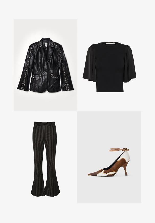 Cinq à Sept STUDDED MILLY JACKET - Blézer - black; Fekete felső, rövid puffos ujjal, áttetsző anyagból készült, kerek nyakú és testhezálló fazonú. Puha tapintású, sima felületű.; Fekete, bővülő nadrág fehér függőleges csíkokkal, sima textúrájú, fitted derékkal, amely szabott fazonra lett tervezve.; Barna és fehér tehénmintás magassarkú cipő, hegyes orral, texturált felülettel és világosbarna csattal ellátott bokapánttal.