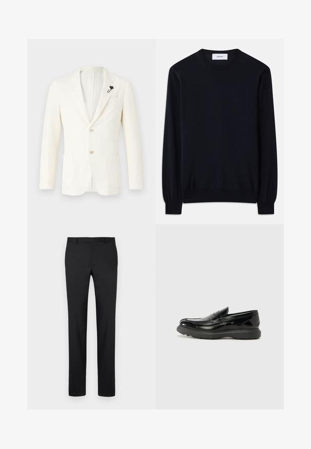 Blazer creme feito de tecido texturizado, com dois bolsos frontais, uma fenda única, dois botões e um alfinete de lapela preto.; Sweater preto de gola redonda feito de um tecido de malha suave. Mangas longas com punhos ajustados e um corte descontraído na parte do corpo.; Calças pretas com um design estruturado, pernas direitas, passantes de cinto standard e textura suave. Sem padrões visíveis nem acessórios.; Mocassim de couro preto com acabamento brilhante, bico arredondado, detalhes de costura subtil e sola de borracha espessa para durabilidade.