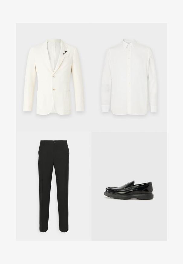 Krämfärgad blazer i texturerat tyg, med två framfickor, en ryggslits, två knappar och en svart slagpin.; Vit långärmad skjorta i lätt material, med klassisk krage, knappstängning och rak nederkant. Slät textur.; Svarta skräddarsydda byxor med rak passform, och en enkel knappstängning samt bälteshällor. Slätt, matt tyg utan mönster.; Svart läderloaferskor med en glänsande yta, rund tå, diskreta söm detaljer och en tjock gummisula för hållbarhet.