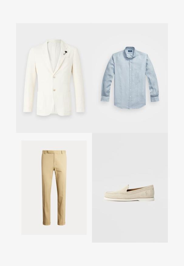 Blazer couleur crème en tissu texturé, avec deux poches avant, une fente à l'arrière, deux boutons et une épingle de revers noire.; Chemise boutonnière bleu clair avec un motif texturé, manches longues et col classique. Boutons blancs et ourlet arrondi. Fabriquée en tissu mélangé de coton.; Chinos kaki en tissu de coton lisse, avec une coupe ajustée, des plis avant et des poignets à la cheville pour un look effilé.; Polo Ralph Lauren MERTON VENETIAN LOAFER - Mocassins - milkshake