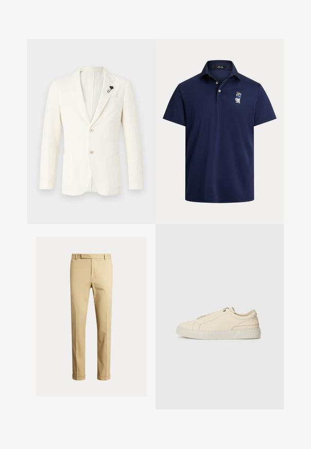 Kremo spalvos švarkas, pagamintas iš audinio su tekstūra, su dviem priekinėmis kišenėmis, vienu skeltu, dviem mygtukais ir juodu apykaklės segtuku.; Tamsiai mėlyna polo marškinėliai iš minkštos medžiagos, su trijų mygtukų apykakle ir mažu siuvinėtu personažo detaliu kairėje krūtinės pusėje.; Kaki chinos, pagaminti iš lygaus medvilnės audinio, turintys prigludusį siluetą, priekinę klostę ir manžetę ties kulkšnimis, siekiant siauresnio vaizdo.; Kreminio odos sportbačiai su apvaliu nosiu, minimalistiniu dizainu, subtiliomis siuvimo detalėmis ir tekstūrine viršutine dalimi, ant šviesios pado.