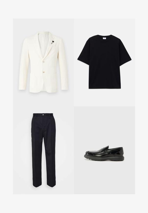 Krémový blazer vyrobený z textúrovanej látky, so zúženou siluetou, dvoma prednými vreckami, jedným roztrhnutím, dvoma gombíkmi a čiernou klopou na prsiach.; Čierne nadrozmerné tričko s krátkym rukávom a okrúhlym výstrihom, s viditeľnou značkovou etikou Filippa K vo vnútri goliera.; Čierne elegantné nohavice so strihom rovného strihu, vyrobené z hladkej tkaniny, s predným zapínaním na gombík a dvoma bočnými vreckami.; Čierne kožené mokasíny s lesklým povrchom, okrúhlou špicou, subtilnými švami a hrubou gumovou podrážkou pre zvýšenú odolnosť.