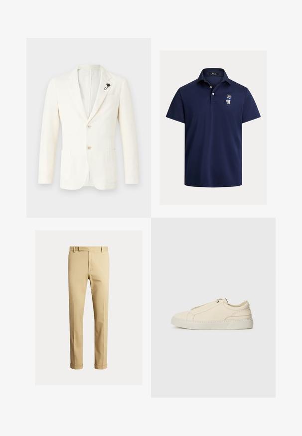 Kremo spalvos švarkas, pagamintas iš audinio su tekstūra, su dviem priekinėmis kišenėmis, vienu skeltu, dviem mygtukais ir juodu apykaklės segtuku.; Tamsiai mėlynas polo marškinėliai, pagaminti iš lygaus audinio, su klasikiniu apykakle ir mažo siuvinėtų logotipo kairėje krūtinės pusėje. Trumpomis rankovėmis.; Kaki chinos, pagaminti iš lygaus medvilnės audinio, turintys prigludusį siluetą, priekinę klostę ir manžetę ties kulkšnimis, siekiant siauresnio vaizdo.; Kreminio odos sportbačiai su apvaliu nosiu, minimalistiniu dizainu, subtiliomis siuvimo detalėmis ir tekstūrine viršutine dalimi, ant šviesios pado.