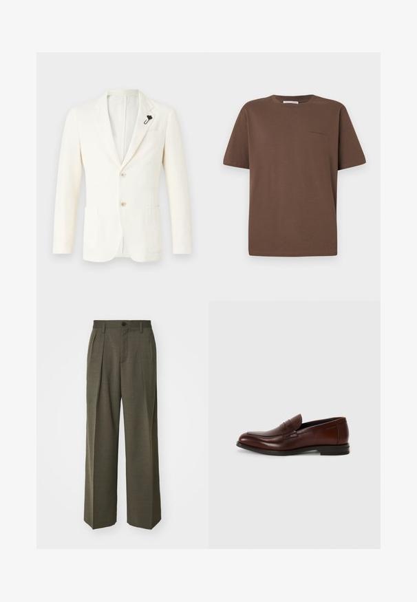 Blazer color crema realizzato in tessuto testurizzato, con due tasche frontali, uno spacco singolo, due bottoni e una spilla nera per il colletto.; T-shirt in cotone marrone con collo rotondo, maniche corte e un piccolo logo stampato sul davanti. Tessuto piatto, vestibilità casual.; Filippa K WIDE TROUSERS - Pantaloni - driftwood; Mocassini in pelle marrone con punta arrotondata, dettagli in fascia frontale e tacco basso impilato. Texture liscia con pochi decorazioni.