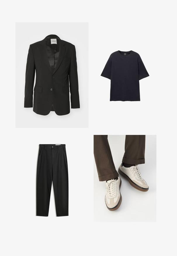 Crni sako od glatkog materijala s satenskim finishem, zatvaranje na jedan gumb, reveri u obliku slova notch i dvije prednje džepove.; PULL&BEAR SHORT SLEEVE TEXTURED WEAVE - Osnovna majica kratkih rukava - dark blue; Crne pamučne hlače s opuštenim krojem, s klasičnim pojasom, prednjim nabranjima i bočnim džepovima. Glatka tekstura bez uzoraka.; Bež tenisice s teksturiranom nubuk prednjom stranom, glatkim kožnim bočnim stranama i smešnim gumenim potplatom. Uključene su vezice i lagani detalji šivanja.