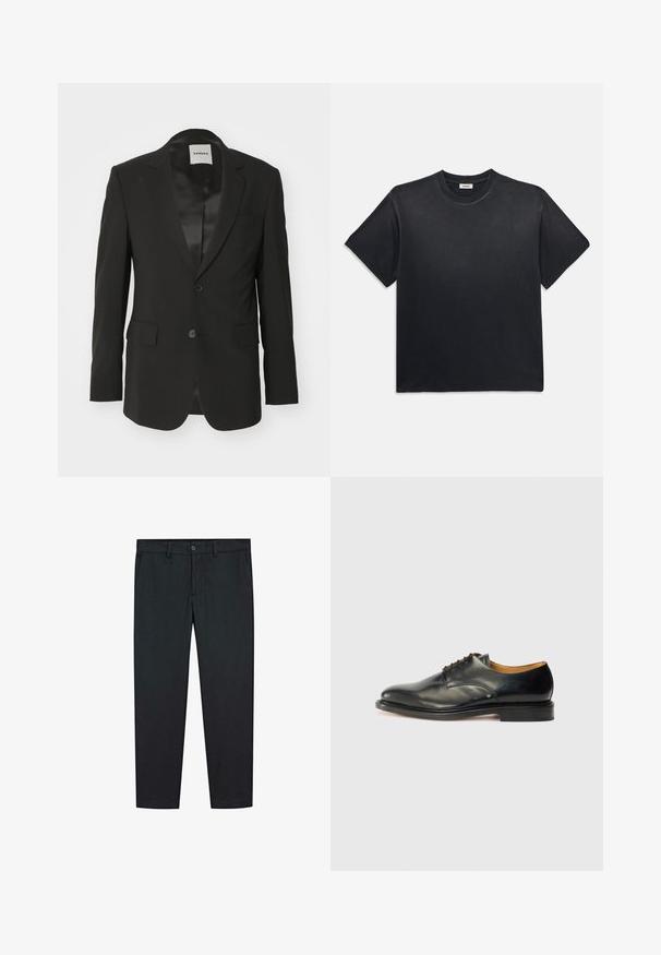 Schwarzer Blazer aus glattem Stoff mit satinierter Oberfläche, mit einem einzelnen Knopfverschluss, Reverskragen und zwei vorderen Taschen.; Schwarzes Baumwoll-T-Shirt mit rundem Ausschnitt und kurzen Ärmeln. Verfügt über eine lockere Passform, eine glatte Textur und ein minimalistisches Design.; Schwarze Hosen mit geradem Bein Design, aus glattem Stoff gefertigt. Besitzt zwei Fronttaschen und einen Knopfverschluss in der Taille.; Schwarzer Lederschuh mit glatter Oberfläche, abgerundetem Zehenbereich und minimaler Schnürung. Verfügt über ein dezentes Design und eine niedrige, robuste Gummisohle.