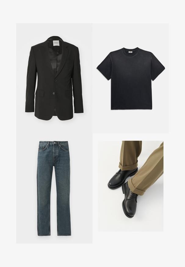 Blazer negru dintr-un material neted cu finisaj satinat, închidere cu un singur buton, rever în formă de v și două buzunare frontale.; Tricou negru din bumbac, cu guler rotund și mâneci scurte. Prezintă o croială lejeră, o textură fină și un design minimalist.; Jeans din denim de culoare albastru închis, cu un design drept, având cinci buzunare, închidere cu nasture și detalii de cusătură în contrast.; Pantofi negri din piele cu un finisaj neted, dotati cu sireturi si varf rotunjit, asortați cu pantaloni kaki rulați.