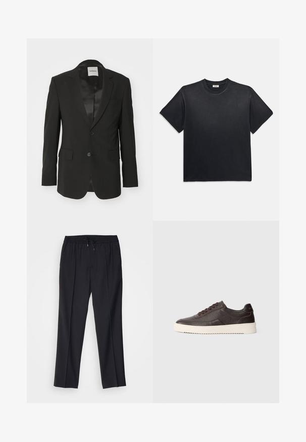 Blazer negro hecho de una tela suave con acabado satinado, cierre de un solo botón, solapas con muesca y dos bolsillos frontales.; Camiseta negra de algodón con cuello redondo y mangas cortas. Presenta un corte relajado, una textura suave y un diseño minimalista.; sandro ALPHA - Pantalones chinos - noir; Zapatillas de cuero marrón oscuro con un acabado texturizado, puntera redonda y suela de goma cremosa en contraste. Presentan cordones y sutiles detalles de costura.