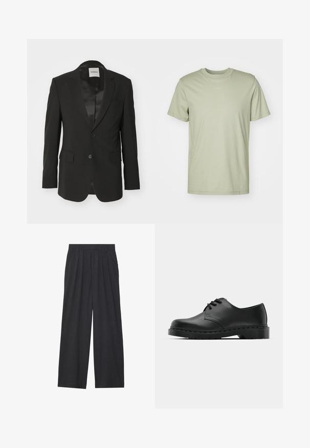Czarna marynarka z gładkiego materiału z satynowym wykończeniem, zapinana na jeden guzik, z klapami i dwoma przednimi kieszeniami.; Jasnozielona bawełniana koszulka z okrągłym dekoltem, krótkimi rękawami i subtelnym logo marki nadrukowanym na środku klatki piersiowej.; Szerokie spodnie wykonane z ciemnoszarego materiału. Posiadają pliski w talii, dopasowany krój oraz prostą sylwetkę.; Czarne skórzane półbuty oxford z zapięciem na sznurowadła, zaokrąglonym noskiem, płaską gumową podeszwą oraz subtelnym przeszyciem na cholewce.