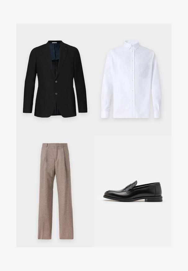 Zwarte linnen blazer met twee knopen, notch revers, voorzakken en blauwe gepatineerde voering. Kenmerken zijn onder andere een discreet logo.; Witte lange mouwen overhemd van katoen, met een borstzak met tonale borduring, een kraag en knopenmanchetten.; Bruine, hooggewaisted broeken van een gestructureerde stof. Heeft wijde benen en twee voorplooien voor extra structuur. Net afgewerkt zonder zichtbare hardware.; Zwarte leren instappers met een gladde textuur, ronde neus en een decoratieve band over de wreef. Lage, gestapelde hak en minimalistisch ontwerp.