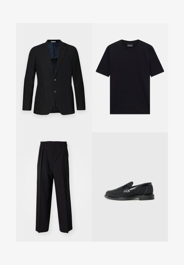 Svart lin blazer med to knapper, klaffelapp, frontlommer og blå mønstret fôr. Utvalgte detaljer inkluderer en diskret logo.; Svart kortermet T-skjorte med rund hals, med subtilt preget mønster og merkeetikett inni kragen, liggende flatt på hvit bakgrunn.; Sorte plissert bukser med en rett, bred benform. Laget av glatt stoff, med knappelukking og beltehemper.; Sorte vevde slip-on sko med en glatt lærdetalj på overdelen, design med rund tå og en lavprofil gummisåle.