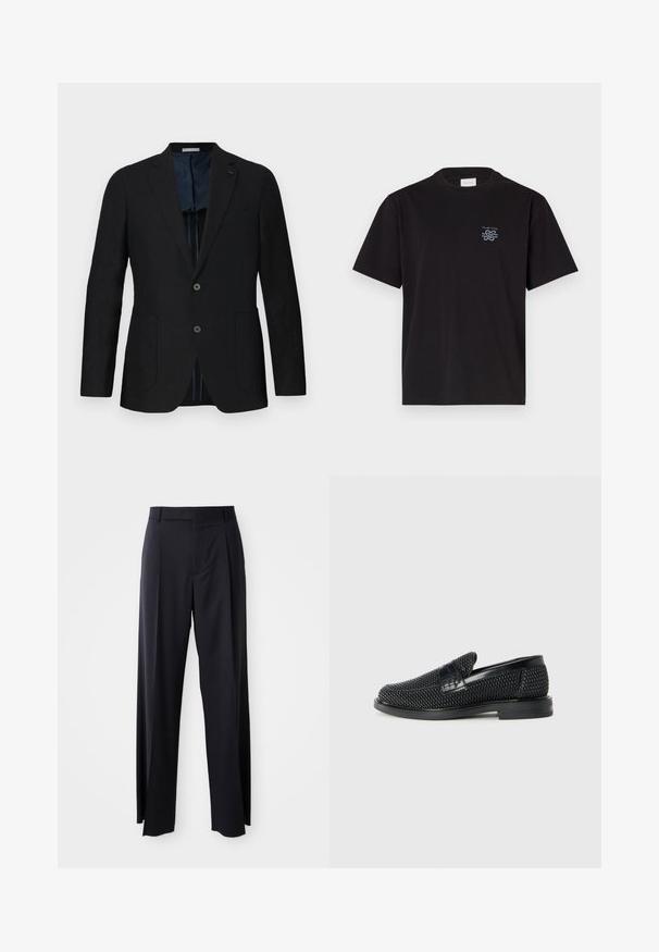 Sort linned blazer med to knapper, notch lapel, frontlommer og blå mønstret for. Fremhævede detaljer inkluderer et diskret logo.; Sort bomulds t-shirt med rund hals og korte ærmer. Har et lille blåt logo på venstre bryst. Simpel, lige snit design.; Sorte, højtaljede bukser med vide ben, lavet af glat stof. Har frontfolder og bæltestropper. Minimalistisk design, ingen synlige hårde detaljer.; Sort vævet slip-on sko med en glat læderdetalje på overdelen, en rund tådesign og en lavprofil gummisål.
