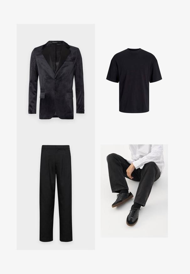 Zwarte fluwelen blazer met notch-kraag, eenknops sluiting, twee voorkruiden en satijnen details. Gladde textuur met een getailleerd ontwerp.; Zwarte katoenen t-shirt met een ronde halslijn, korte mouwen en een relaxte pasvorm. Glad textuur en geen zichtbare patronen of accenten.; Zwarte broeken van gladde stof, met een recht model, twee voorknikken en een standaard tailleband met riemlussen.; Zwarte sneakers met een glad en textuur detail, voorzien van een rubberen zool en donkere veters. Gecombineerd met zwarte jeans en een wit gestreept shirt.