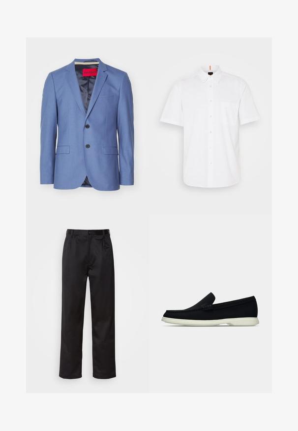 Mėlynas švarkas su dviem juodais mygtukais, su iškirptėmis ir dviem priekinėmis kišenėmis. Lygus audinys su satino pamušalu ir raudonu prekės ženklu viduje.; Balta trumpo rankovės marškiniai su knopkų užsegimu, pagaminti iš medvilnės, su vienu krūtiniu kišenėje, klasikiniu apykakle ir subtiliais siuvinėjimo akcentais.; Juodi kelniukai, pagaminti iš lygaus audinio, su užsegimu priekyje, raukšlėmis ir tiesiomis kojomis. Nėra matomų raštų ar akcentų.; Juodas slip-on avalynė su apvaliu pirštu, turintis tekstūruotą paviršių, lygią baltą platformą ir subtilų prekės ženklą šone.