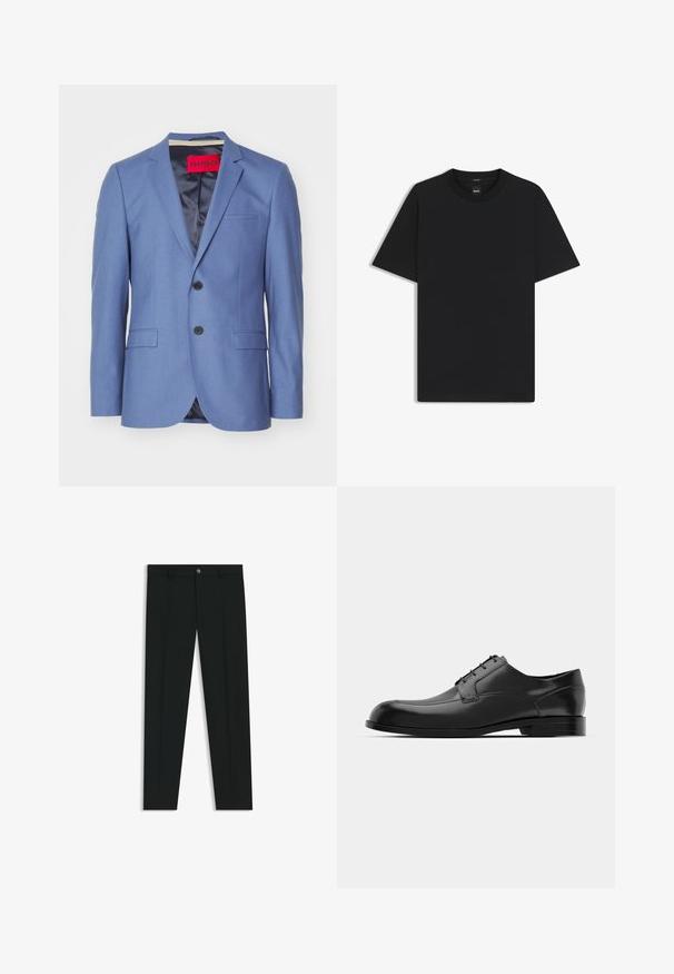 Blauer Blazer mit zwei schwarzen Knöpfen, mit offenen Revers und zwei Vorderstaschen. Glattes Material mit Satinfutter und einem roten Markenlabel innen.; Schwarz T-Shirt mit kurzen Ärmeln aus einem glatten Baumwollmix, mit Rundhalsausschnitt und einem minimalistischen Design ohne Muster oder Akzente.; Schwarze Anzughosen mit geradem Bein, aus glattem Stoff. Mit Knopfverschluss vorne und Gürtelschlaufen. Schlicht ohne Muster.; Schwarze Leder-Dressschuhe mit einer runden Zehenpartie, glatter Oberfläche, minimalen Nähten und flacher Sohle mit dezentem Branding an der Ferse.