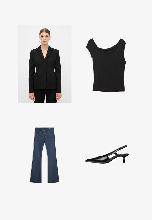 Musta istuva bleiseri sileässä kankaassa, jossa on lovelliset kaulukset, kolme nappia ja sivutaskut, muotoiltu rakenteellista siluettia varten.; Musta lyhythihainen paita, joka on valmistettu sileästä kankaasta; siinä on laskeutuva kaula-aukko ja epäsymmetrinen helma, sekä istuva malli.; Tummansiniset leveälahkeiset farkut, joissa on tikatut taskut, nappisuljenta ja sileä pinta. Ominaisuuksiin kuuluu klassinen viiden taskun muotoilu.; Mustat lakatut nahkakengät, joissa on viistopää, leikattu sivusuunnassa ja pieni neliökoroke. Sujuva pinta, jossa on minimaalinen koristelu.