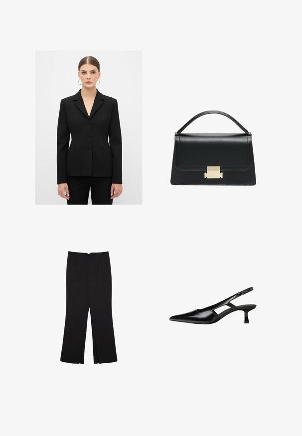 Musta istuva bleiseri sileässä kankaassa, jossa on lovelliset kaulukset, kolme nappia ja sivutaskut, muotoiltu rakenteellista siluettia varten.; Mustat pitkät hihat lyhyt toppi, jossa on pyöreä kaula-aukko, yksinkertainen muotoilu ja hieman kaareva helma.; Mustat housut suoralinjaisella leikkauksella, joissa on etutaskut ja sivurei'ät helman alla. Valmistettu pehmeästä ja sileästä kankaasta. Sopii eri tilaisuuksiin.; Mustat lakatut nahkakengät, joissa on viistopää, leikattu sivusuunnassa ja pieni neliökoroke. Sujuva pinta, jossa on minimaalinen koristelu.; Musta nahkakäsilaukku, jossa on jämäkkä muotoilu, yläkahva ja kultainen metallisolki edessä. Sujuva pinta, minimaalinen ompelu.