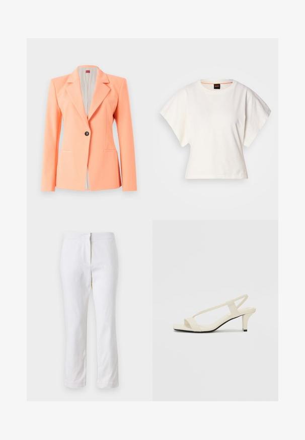 Blazer color pesca con revers, chiusura anteriore a un bottone, due tasche laterali e una texture liscia. Interno foderato.; T-shirt bianca cropped, maniche corte e larghe, tessuto di cotone morbido, scollatura rotonda con bordino arancione sottile, design minimale, senza motivi o grafiche.; Pantaloni bianchi in cotone con design a gamba dritta, caratterizzati da una vita a media altezza e senza hardware o motivi visibili. Tessuto liscio su tutta la superficie.; Sandali con tacco a blocco beige, con sottili cinturini e punta quadrata. Materiale liscio con dettagli minimi, progettati per un facile utilizzo.