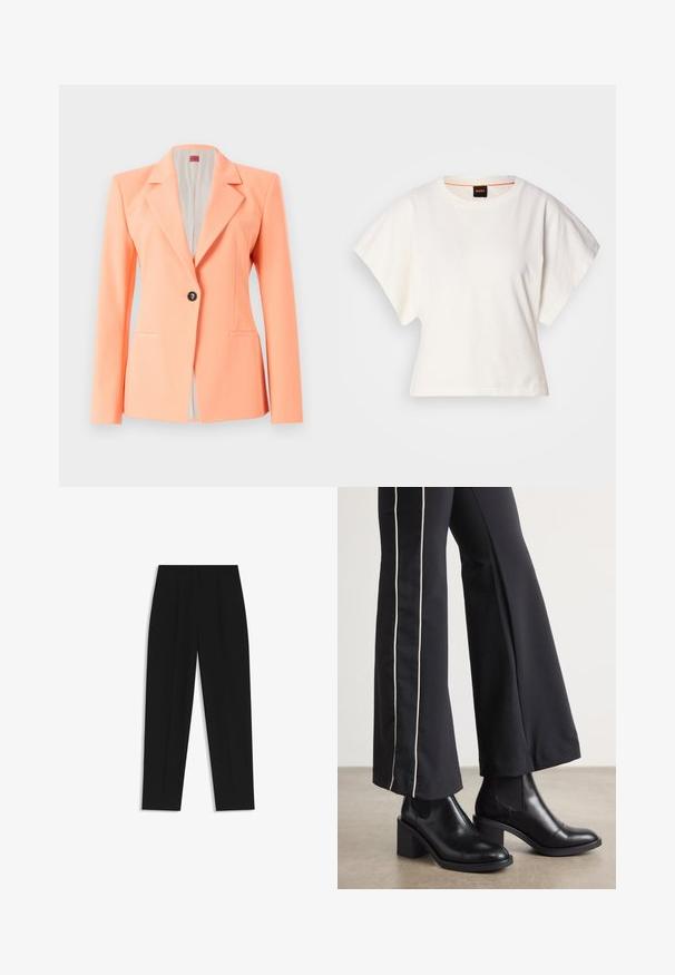 Perzikkleurige blazer met notched revers, enkele sluiting met een voorknop, twee zijzakken en een gladde textuur. Gevoerde binnenkant.; Witte gecropte T-shirt, korte brede mouwen, zachte katoenmaterialen, ronde halslijn met subtiele oranje rand, minimalistisch ontwerp, geen patronen of graphics.; Zwarte broeken met een rechte pasvorm, voorzien van dubbele plooien, een zachte textuur en een klassiek taillebandontwerp. Geen zichtbare hardware of accenten.; Zwarte leren enkellaarzen met een blokhak, voorzien van elastische zijpanelen. Gecombineerd met zwarte broeken met een witte zijstreep.