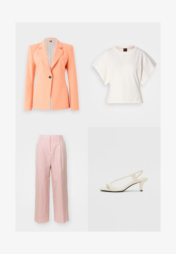 Peachfarget blazer med nothals, enkelt frontknappåpning, to sidelommer og en glatt tekstur. Fôret innside.; Hvit cropped T-skjorte, korte vide ermer, myk bomullsmateriale, rund halslinning med subtilt oransje kantbånd, minimalistisk design, uten mønstre eller grafikk.; Lys rosa vide bukser med høy midje, frontfolder og sydd hem detaljer. Laget av glatt, lett stoff.; Beige blokk-høydesandaler med tynne stropper og firkantet tå. Glatt materiale med minimale detaljer, designet for enkel bruk.