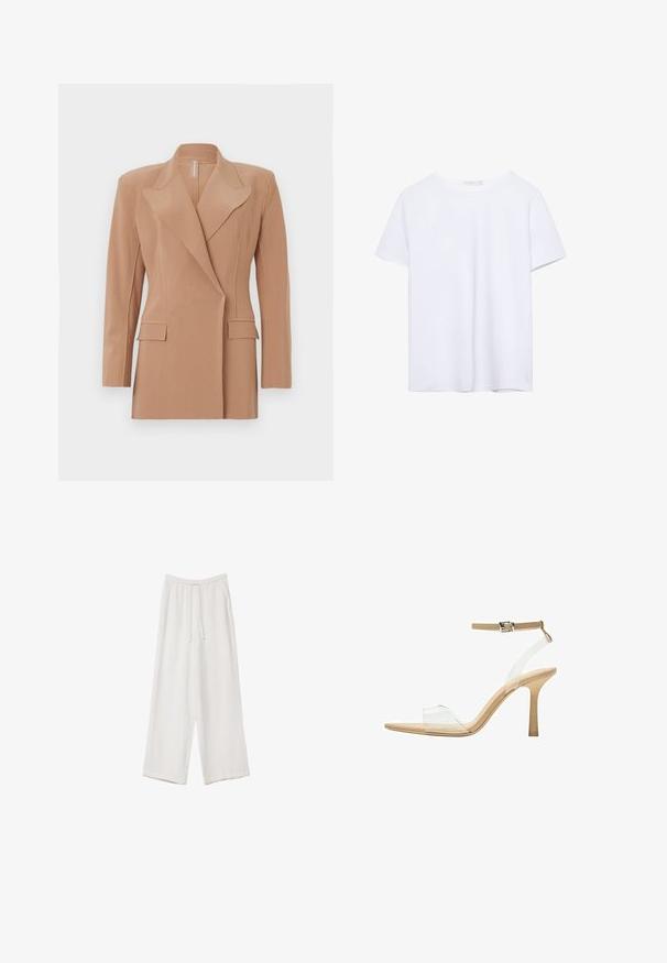 Vaaleanbeige räätälöity bleiseri, jossa on pitkät hihat, jämäkät olkapäät, terävät kaulukset ja kaksi etutaskua. Bleiserissä on sileä pinta ja siistit linjat.; Lyhythihainen valkoinen t-paita pyöreällä pääntiellä ja suoralinjaisella helmalla, esillä valkoisella taustalla.; Valkoiset leveälahkeiset housut kevyestä kankaasta. Ominaisuuksiin kuuluu elastinen vyötärö, jossa on nauhakuuluma ja sivutaskut. Sileä rakenne.; Kirkas korkokenkä läpinäkyvällä varrella, beigellä pohjalla ja hoikalla nilkkahihnalla. Ominaisuuksiin kuuluu terävä kärki ja ohut korkea korko.