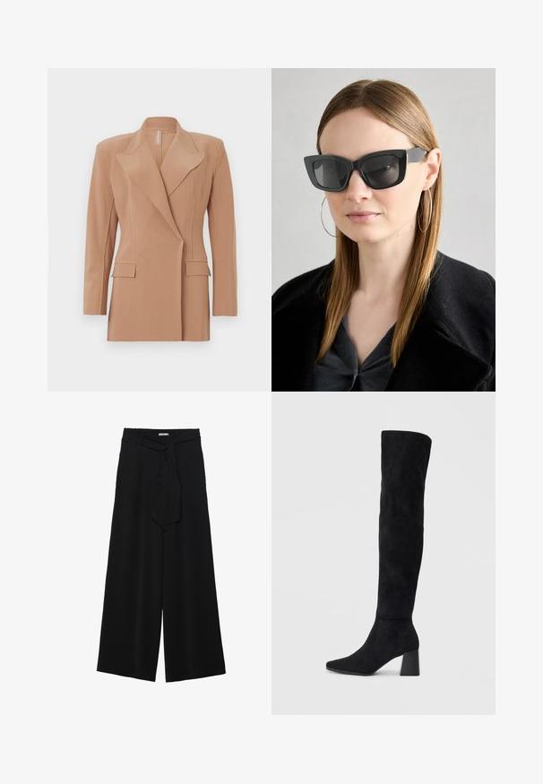 Smėlinis pritaikytas švarkas su struktūriniais pečiais, ilgomis rankovėmis, ryškiomis atlapomis ir dviem priekinėmis kišenėmis, pasižymintis lygiu paviršiumi ir švariomis linijomis.; Juodas ilgomis rankovėmis viršus, su surinkta medžiaga priekyje ir ant riešų, pagamintas iš minkštos, elastingos medžiagos, su laivagalio kaklu.; Juoda plačių kojų kelnės, pagamintos iš tekstūruoto audinio, su elastingu juosmeniu ir atsegamu diržu juosmenyje, leidžiančiu reguliuoti dydį.; Juoda zomšinė kelio ilgio batai su blokuotu kulnu, smailiu nosiu ir lygiu, be siūlių dizainu ant paprastos šviesios fono.; Juodos katės akies saulės akiniai su tamsiais objektyvais, storo rėmo ir subtiliais akcentais. Dėvimi su juodu paltu ir pilku viršumi, turinčiu ilgus tiesius plaukus.