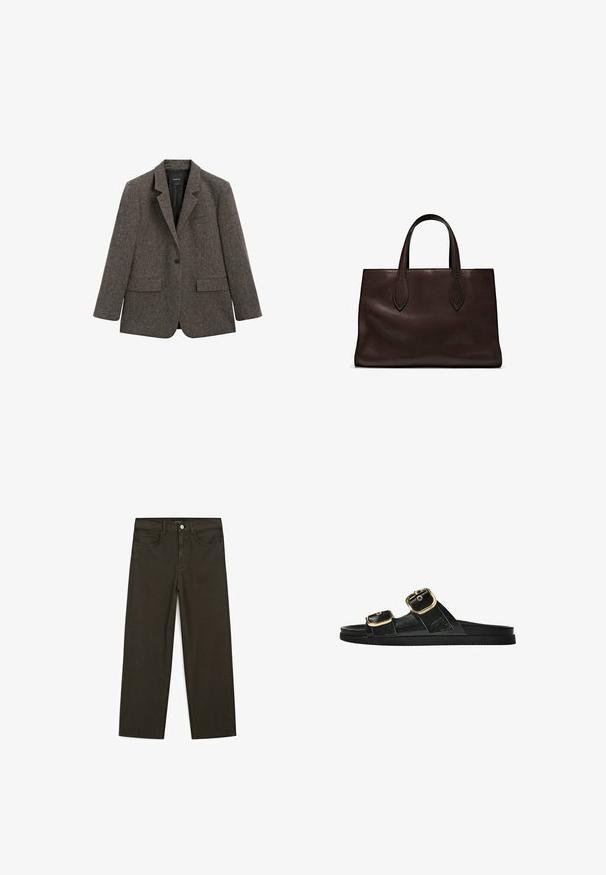 Dark gray single-button wool blazer with notch lapels, two front flap pockets, and a chest welt pocket, shown on a white background.; Dark brown long-sleeve crew neck sweater with a slightly cropped fit and simple, seamless design.; Dark green wide-leg jeans made of cotton blend, featuring a front button closure, five pockets, and classic denim stitching.; Black slide sandal with two gold buckle accents, smooth textured material, flat sole, and a minimalist design.; Brown leather tote bag with two elongated handles, structured rectangular shape, smooth texture, and subtle stitching details.