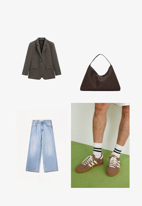 Donkergrijze wollen blazer met één knoop en schoenlapels, twee voorklepzakken en een borstzak, getoond op een witte achtergrond.; Langsleeve top in crème kleurige stof, met een lichte gathering aan de zijkanten en een klassieke kraag. Glad oppervlak, eenvoudig design.; Bershka WIDE-LEG - Wide leg - light-blue denim; Bruine suède sneakers met witte accenten en veters. Rubberen gumzool. Draag met witte sokken met zwarte strepen. Groene gestructureerde vloer.; Bruine geweven leren handtas met een slonzig, driehoekig model. Voorzien van een gevlochten handvat en een ritssluiting aan de bovenkant.