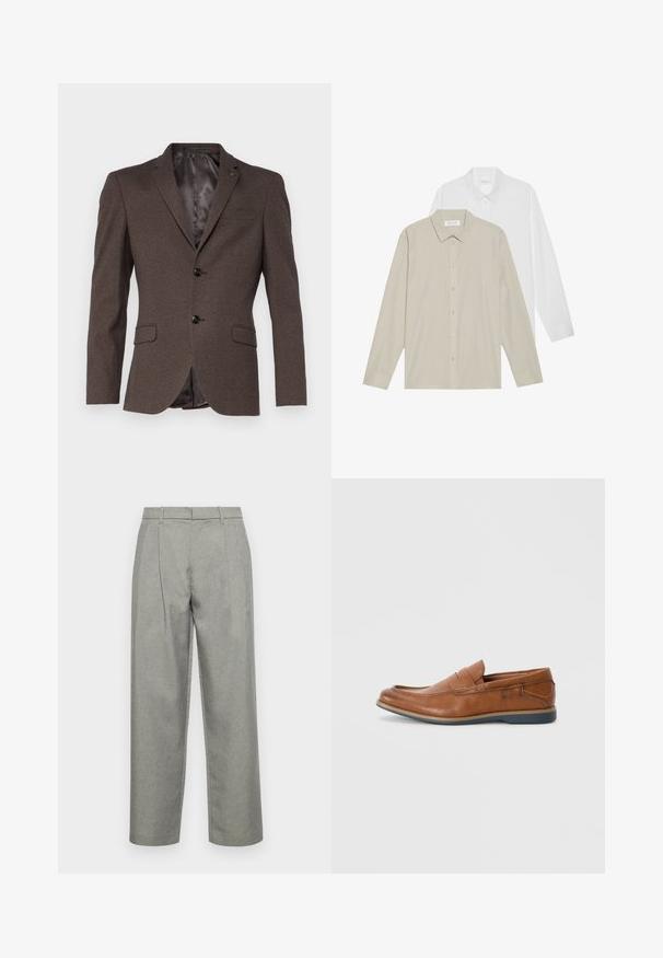 Isaac Dewhirst THE STAND ALONE - Suit jacket - brown; Two long-sleeve shirts: one in white fabric, the other in beige with thin vertical stripes. Both feature button-down collars and cuffs.; Gray tailored trousers made of textured fabric, featuring a straight-leg design, front pleats, and a standard waistband with belt loops.; Brown leather loafers with a round toe, stitched accents, and a low rubber sole. The design features a band across the upper.