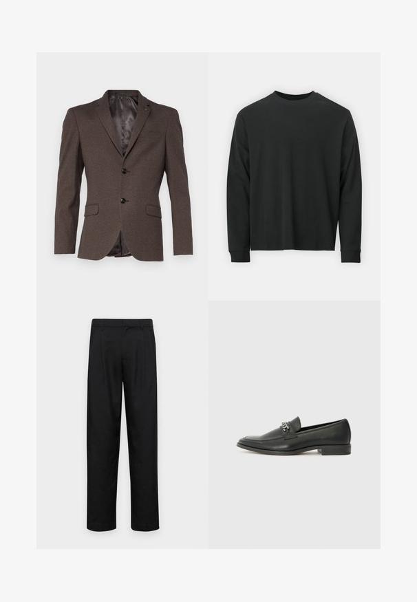 Isaac Dewhirst THE STAND ALONE - Colbert - brown; Zwarte longsleeve T-shirt van katoen, met een ronde halslijn, een losse pasvorm en geribbelde boorden. Glad oppervlak zonder zichtbare patronen.; Zwarte broeken van gladde stof, met een recht model, twee voorknikken en een standaard tailleband met riemlussen.; Zwarte leren instapper met een gladde afwerking, voorzien van een gestikt ontwerp en een decoratieve metalen kettingaccent over de wreef. Platte hak.