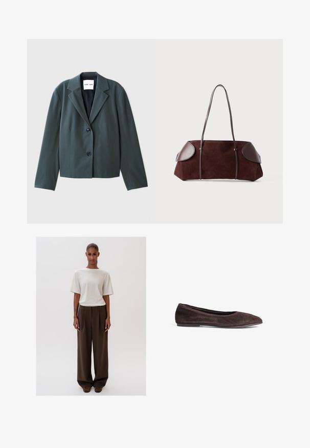 Blazer cortó de color verde oscuro con solapa muesca, diseño de un solo botón y dos botones negros. Tejido suave con un ajuste estructurado.; Top blanco de manga corta con un patrón acanalado texturizado y un escote redondo. Fabricado en un material suave. Longitud corta.; Camiseta blanca cremosa de corte relajado con mangas cortas, combinada con pantalones marrones de pierna ancha de cintura alta. Diseño sencillo, texturas suaves.; Bailarina de ante marrón con punta afilada y perfil bajo. Presenta una textura suave y un diseño minimalista. Sin hardware visible ni acentos.; Bolsa de ante marrón con acentos de cuero, forma estructurada, doble strap para el hombro y bordes redondeados, con una textura suave y hardware minimal.