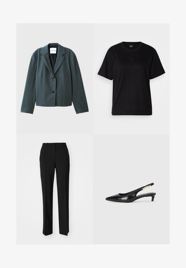 Tumši zaļš īsais žakets ar noaudzītajiem apkakles galiem, vienrindas pogu aizdari un divām melnām pogām. Gluda auduma ar strukturētu piegriezumu.; Melna kokvilnas T-krekls ar apaļu izgriezumu, īsām piedurknēm un izšūtu logotipu uz krūtīm. Vienkāršs, brīvs piegriezums bez rakstiem.; Melnas pielāgotas bikses ar taisnu kāju dizainu, kas raksturojas ar gludu faktūru un asiem krokām pa priekšu. Nav redzamu metāla detaļu.; Melnas ādas slingback zābaki ar smailu purngalu, ar šauru papēdi un zelta krāsas akcentu uz regulējama siksniņas. Gluda tekstūra.