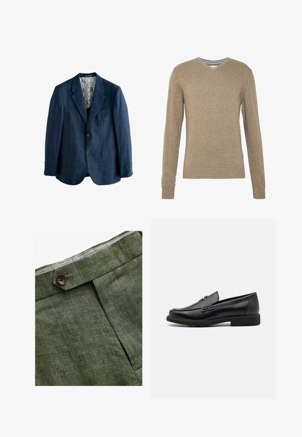 Mörkblå kavaj med rutmönster, ensidig design, snittade reverser, två framfickor och ett blommigt tryck-fooder.; V-ringad tröja i mjukt, ljusbrunt stickat tyg, med långa ärmar och ribbade muddarna och fållen. Subtila texturer genom hela tyget.; Vit bomulls t-shirt med rund halsringning, bärs tillsammans med marinblå veckade byxor och ett brunt läderbälte med en gyllene spänne.; Olivgröna linbyxor med en frontveck, med en knappstängning och en kontrasterande rutigt foder i midjebandet.; Svart syntetiska loafers med en framträdande söm på framsidan, vadderad sula och platt gummiyttersula; elegant design med minimalt detaljerad.