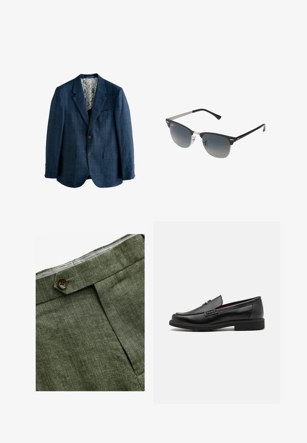 Temno modra blazer s karo vzorom, enojno zapenjanje, žepki z ravnim robom, dva sprednja žepa in podloga s cvetličnim tiskom.; Svetlo modra srajca z dolgimi rokavi in gumbi, klasičnega ovratnika, ravnega roba in subtilne teksture. Ima srednje gumbno zapiranje.; Olivnozeleni laneni hlače s prednjim plisem, ki vključujejo gumb za zapiranje in kontrastno karirasto oblogo na pasu.; Črne sintetične loafers čevlje s poudarjenim šivanim sprednjim delom, blazinasto vložkom in ravnim gumijastim podplatom; eleganten dizajn z minimalnimi detajli.; Črne in srebrne sončna očala v obliki mačjih oči, z gradientnimi lečami in kovinskimi dodatki na okvirju. Plastične ročke s sivimi konicami.