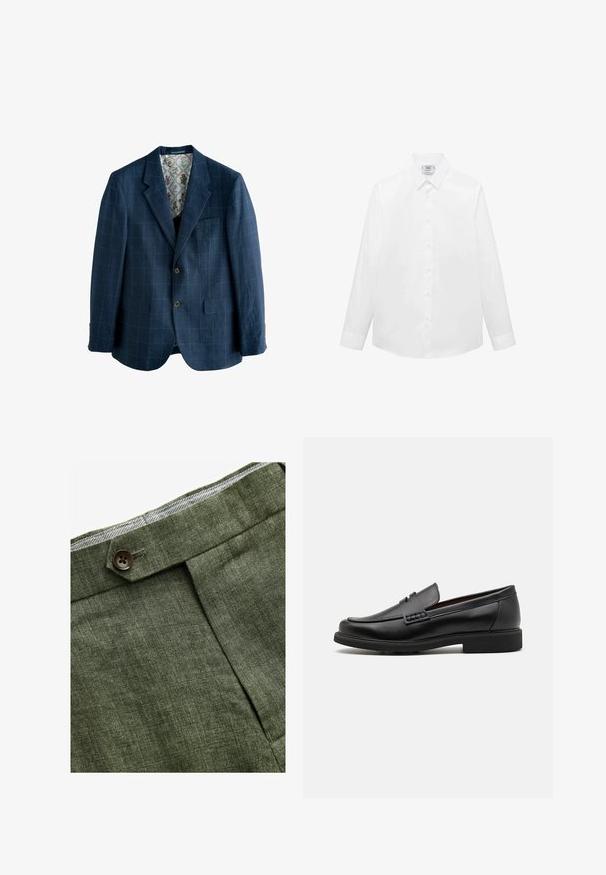 Blazer bleu marine avec motif à carreaux, design à un bouton, revers crantés, deux poches avant et une doublure imprimée florale.; Chemise blanche à manches longues en tissu lisse, dotée d'un col classique, d'une fermeture à boutons et d'un ourlet arrondi. Design minimaliste sans motifs.; Pantalons en lin vert olive avec un pli avant, dotés d'une fermeture à bouton et d'une doublure à carreaux contrastante au niveau de la taille.; Chaussures de ville synthétiques noires avec un devant cousu bien visible, semelle intérieure rembourrée et semelle extérieure en caoutchouc plate ; design épuré avec un minimum de détails.