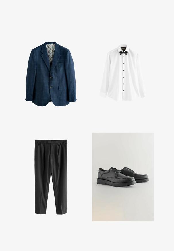 Tamsiai mėlynas švarkas su languota raštą, vieno užsegimo dizainu, pečių išpjovomis, dviem priekinėm kišenėm ir gėlėmis spaustu pamušalu.; Balta medvilninė marškinėliai su ilgomis rankovėmis, juoda kaklaraištis-varlyte ir juodais mygtukais per visą priekį.; Next REGULAR FIT -CHECK SMART - Chino stiliaus kelnės - black; Juodos odinės bateliai su tekstūruota viršutine dalimi, apvaliu priekiu, raištelių dizainu ir storais guminiais padais su protektoriumi.