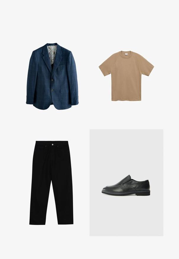 Mörkblå kavaj med rutmönster, ensidig design, snittade reverser, två framfickor och ett blommigt tryck-fooder.; Mango T-shirt - bas - beige; Svarta denimbyxor med rak passform, femficksdesign och framknäppning. Slät textur med minimala sömdetaljer.; Svart lädersko i slip-on-modell med en slät ovandel, sömnadsdetaljer, rund tå och låg gummihäl. Sulan har minimal mönstring.