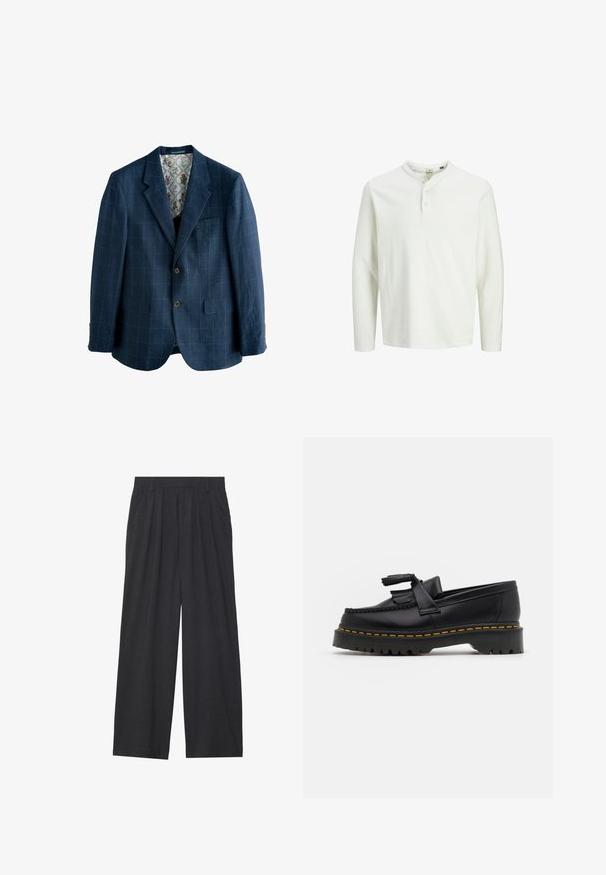 Marineblauwe blazer met ruitpatroon, enkelvoudige sluiting, reverskraag, twee voorkezen en een voering met bloemenprint.; Witte lange mouwen henley shirt met drie knopen en een ronde halslijn, weergegeven op een effen witte achtergrond.; Wijd-uitlopende broeken van donkergrijze stof. Kenmerken zijn plooien bij de taille, een tailor-made ontwerp en een rechte silhouet.; Zwarte leren loafers met een franjesaccent, voorzien van een dikke zwarte zool en gele stiksels langs de rand. Gevoelige afwerking.