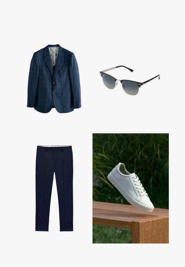 Blazer azul marino con patrón de cuadros, diseño de un solo botón, solapas con muesca, dos bolsillos frontales y un forro impreso con flores.; Camisetas blancas de manga corta apiladas, hechas de algodón. Presentan un cuello redondo y un corte recto. La tela parece suave y sin patrones.; Pantalones azul marino de corte slim con patrón de rayas. Con cremallera, presillas para cinturón y bolsillos frontales. Textura de tela suave.; Zapatilla blanca con cordones flotando sobre un banco de madera con follaje verde al fondo, mostrando el diseño y la textura del zapato.; Gafas de sol negras y plateadas con forma de ojo de gato, lentes degradados y acentos metálicos en la montura. Patillas de plástico con puntas grises.